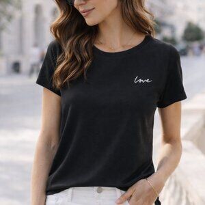 NWOT Black Soft T-Shirt Tee Featuring The Embroidered Word "Love"